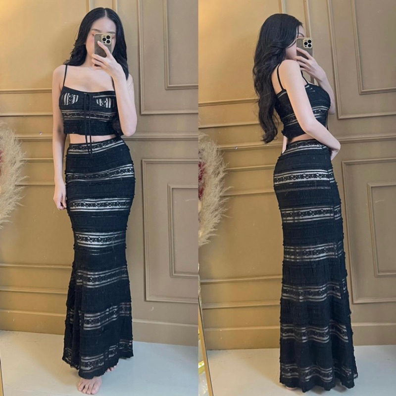 Set ลูกไม้สองชิ้นกระโปรงกับเสื้อสายเดี่ยว MB(พ85)