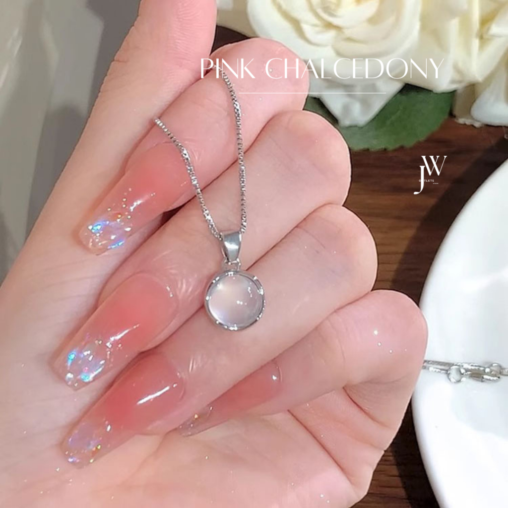 OUTLETS ล้างสต็อกจากโรงงานตรง👍สร้อยคอ Pink Chalcedony จี้สีชมพู สร้อยคอเงิน สร้อยคอนำโชค ของขวัญ