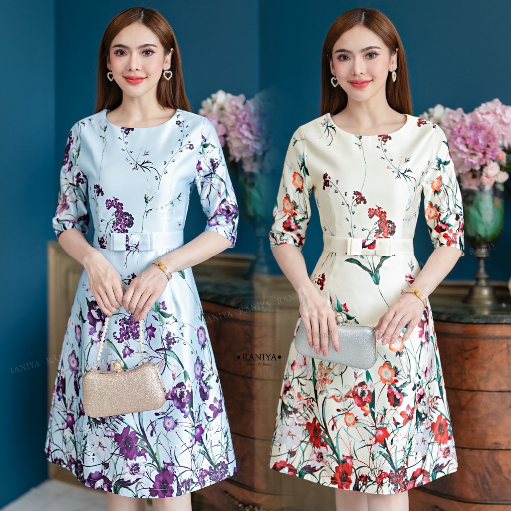 รหัส6608 งานชุดเดรสผ้าSatin silk งานพิมพ์ลายดอกไม้ แขนสามส่วน แต่งโบว์ที่เอวกระโปรงทรงเอ