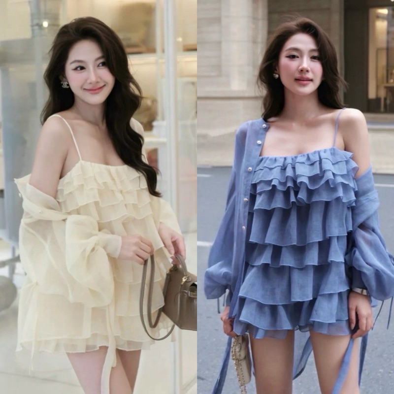 Teera พร้อมส่ง ชุดเซต 2 ชิ้น เดรสสั้นสายเดี่ยวปรับสายได้ ผ้าแต่งระบายชั้นๆ ซับในยางยืดหลัง+เสื้อคลุมฟรีไซต์ กระดุมเพชร