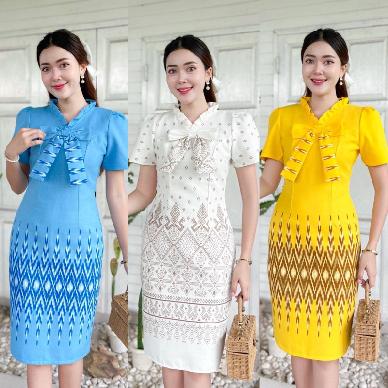 ชุดผ้าไทย..ผ้าฝ้ายพิมพ์ลายอัดกาว..ยาว39