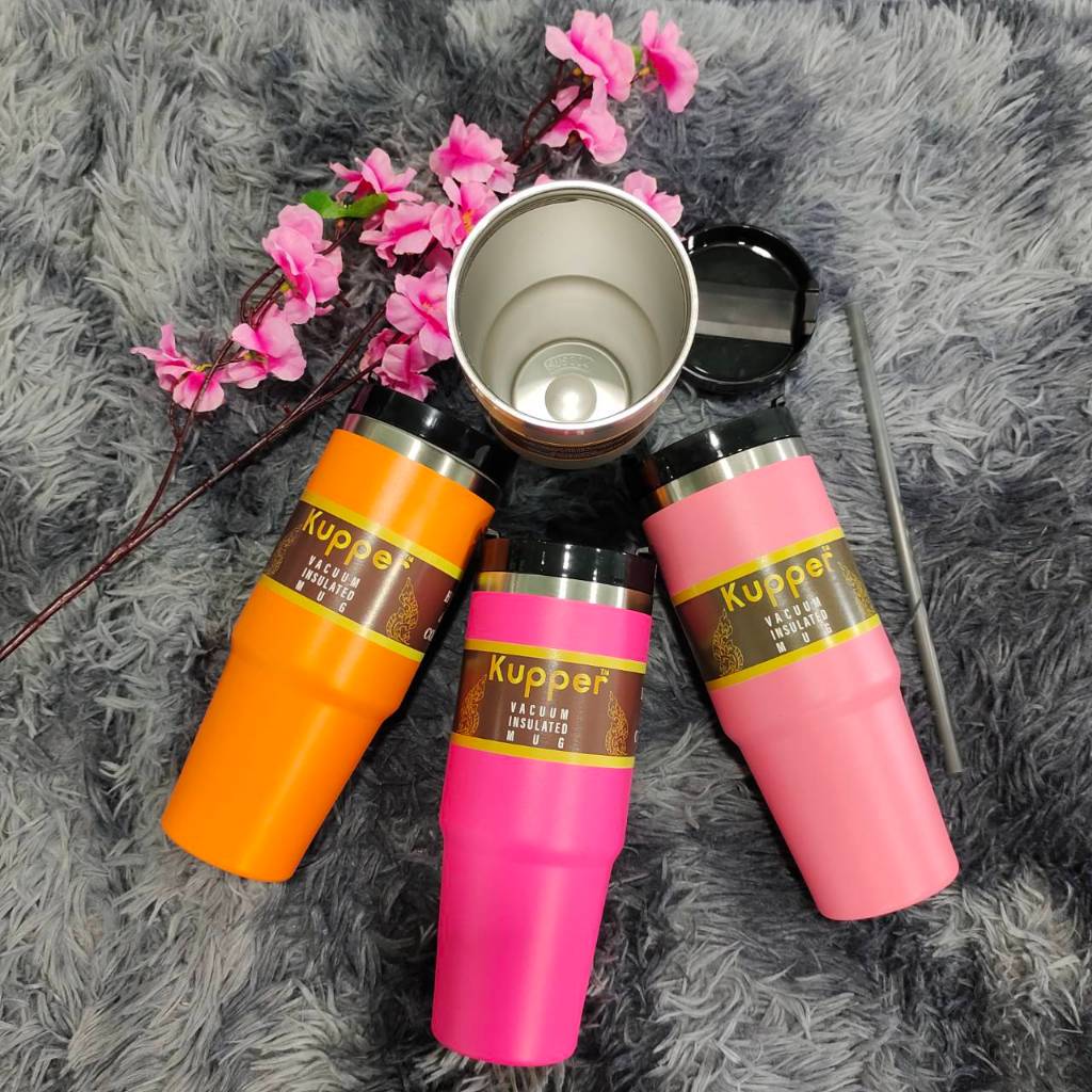 (ลูกค้าใหม่ 1 บาท)tumbler แก้วเก็บความเย็นขอบเงินทรงสูง แก้วน้ำสแตนเลส 30oz 890ml.สีพื้นแถมฟรีหลอด!!ส่งจากไทยTumbler/tum