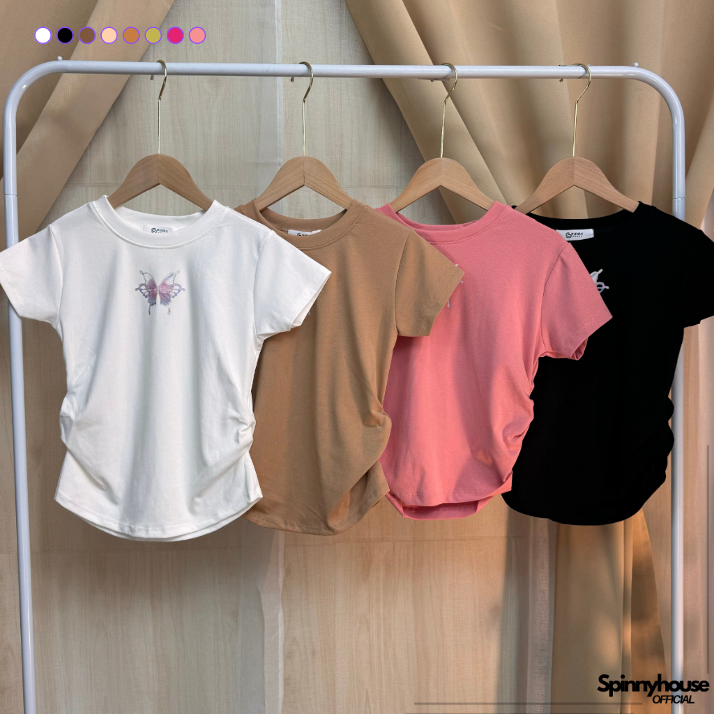 SpinnyHouse เสื้อยืดเข้ารูป แต่งย่นข้าง ผ้ายืดยูนิ สกรีนผีเสื้อ สกรีนแน่นไม่แตก ใส่แล้วดูเพรียว พร้อมส่งจ้า รุ่น จั๊ม