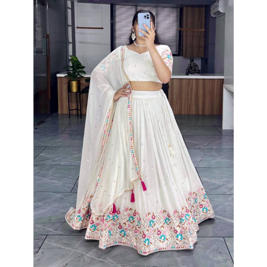 Lehenga Fabric : Heavy Gorgette Lehenga Work : Embroidery Thread and sequence Work Waist : SUPPORTED