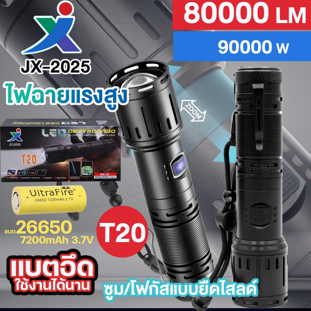 ไฟฉายแรงสูง XML T20 JX-2025 80000LM / 90000W ปรับแสงได้ 5โหมด ไฟซูม ฉุกเฉิน ชาร์จมือถือได้