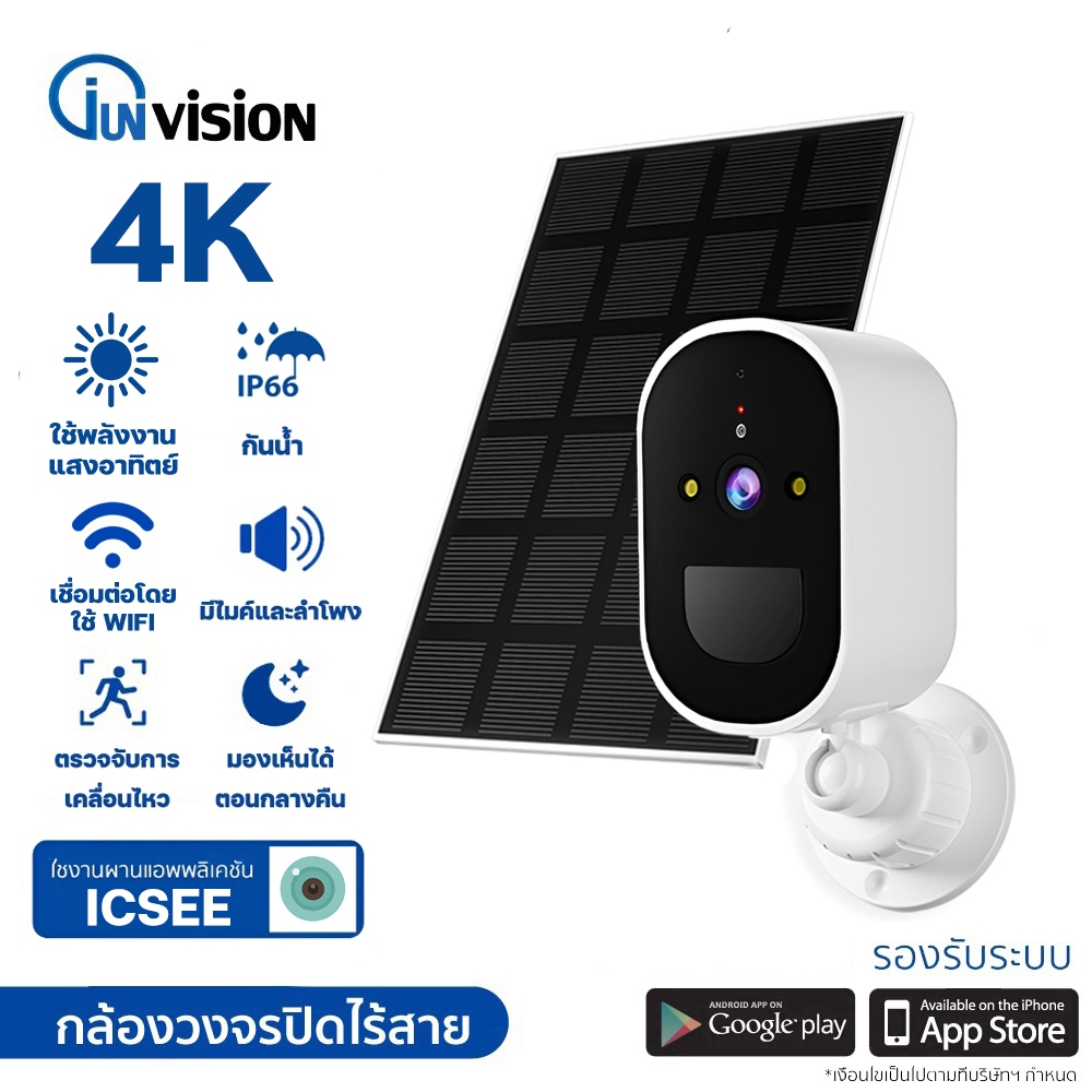 Junanvision กล้องวงจรปิดโซล่าเซลล์ กล้องเชื่อมWI-FI ภาพคมชัด4K มีไฟ LED เชื่อมต่อโดยใช้ WIfI APP ICSEE