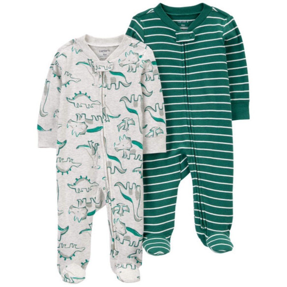 CARTER 2PK SNP GREEN DINO STRIPE L13 'คาร์เตอร์หมีจั๊มสูทคลุมเท้าเด็ก ลายไดโนสีเขียว