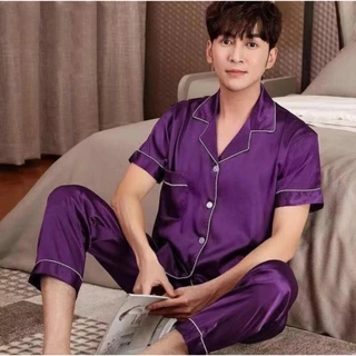 ชุดนอนผ้าซาตินผู้ชาย ชุดนอนแฟชั่นสไตล์เกาหลี ผ้าซาติน เสื้อแขนสั้น+กางเกงขายาว สีสวยสด ลื่น สบาย ผ้าดี S8