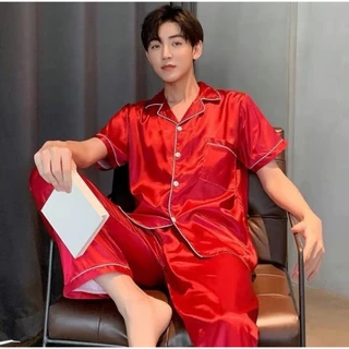 ชุดนอนผ้าซาตินผู้ชาย ชุดนอนแฟชั่นสไตล์เกาหลี ผ้าซาติน เสื้อแขนสั้น+กางเกงขายาว สีสวยสด ลื่น สบาย ผ้าดี S8