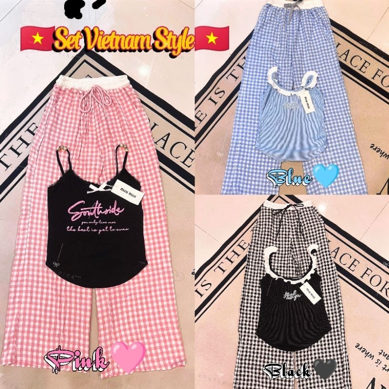 🇻🇳พร้อมส่ง 189(ทั้งเสื้อ+กางเกง)🇻🇳งานเวียดนาม สายเดี่ยว+กางเกงยาวสก็อต