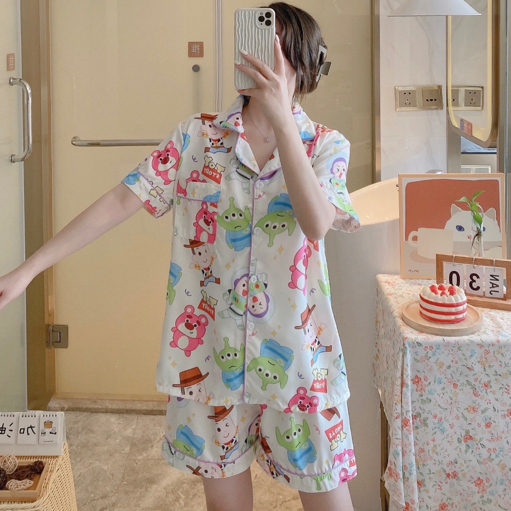 ชุดนอนผ้าซาติน ชุดนอนผู้หญิง แขนสั้นขาสั้น งานนิ่มมาก ใส่สบาย GL รูปที่ 4