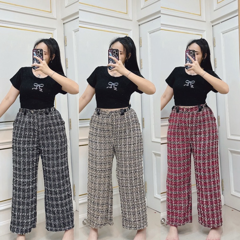 เซ็ท2ชิ้น งานรุ่นฮิตใส่สวย งานปังสุดๆ เสื้อผ้าทอฟฟี่ติดเพชรรูปโบว์+กางเกงผ้าทอทวิตเอวสม็อคหลัง