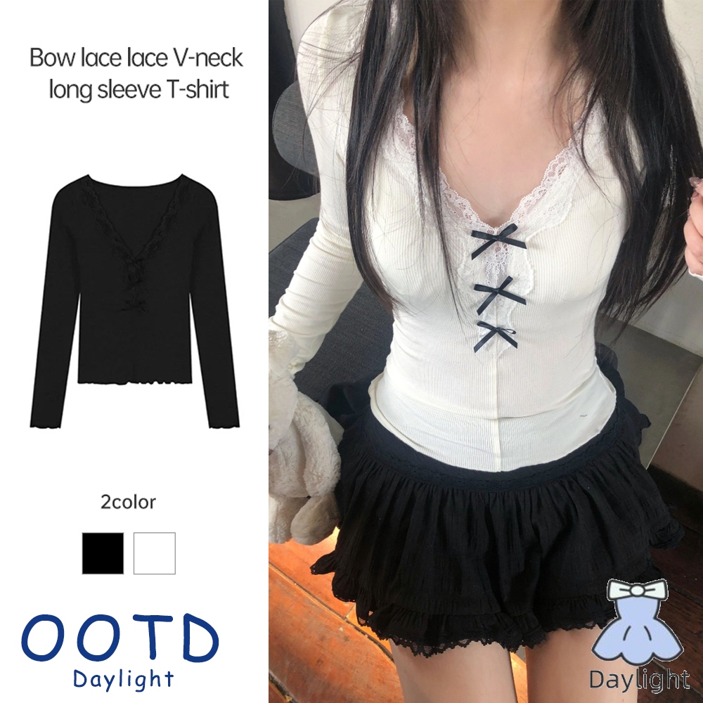 โบว์ลูกไม้ขอบเสื้อยืดแขนยาวผู้หญิงบางกระชับสั้นBottomingเสื้อร้อนสาวยอดนิยม DL