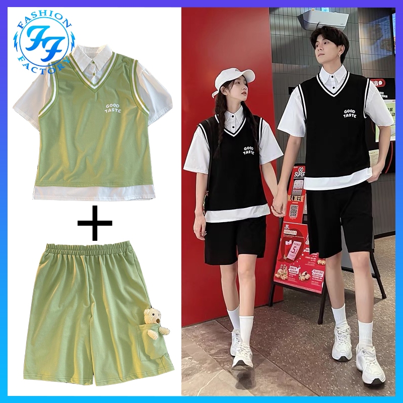 (THสปอต )เวอร์ชั่นเกาหลีนักเรียนชายสไตล์หลวมเรียบง่ายกีฬาโปโลชุดสูทคอปกกางเกงขาสั้นแขนสั้น