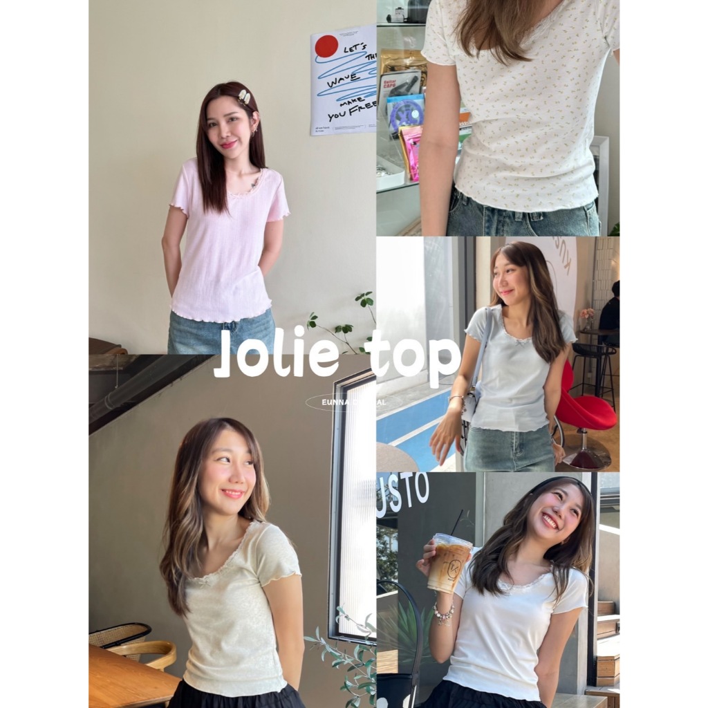EUNNA - Jolie top เสื้อยืดผ้าคอตตอนนิ่มแต่งคอลูกไม้ มี 5สี ดีเทลหยักทรงน่ารัก