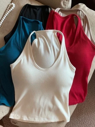 Vogue🌟พร้อมส่ง🌟 เสื้อกล้าม มีฟองน้ำ ผ้าร่องเล็ก สีพื้นยืดกำลังดี (FY298)