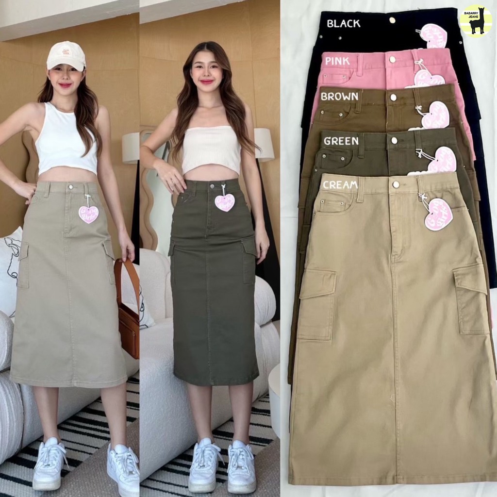 Babarry - Long Skirt กระโปรงยาว ผ่าหลัง ผ้าสี กระเป๋าคาร์โก้ ผ้ายืด