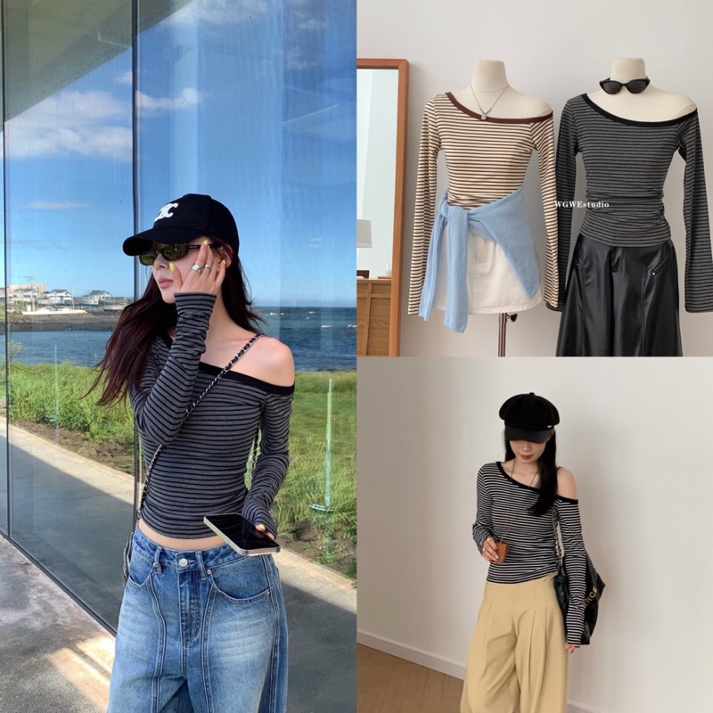 เสื้อปาดไหล่แขนยาวลายริ้วรุ่น 9761 TAG WG.WE