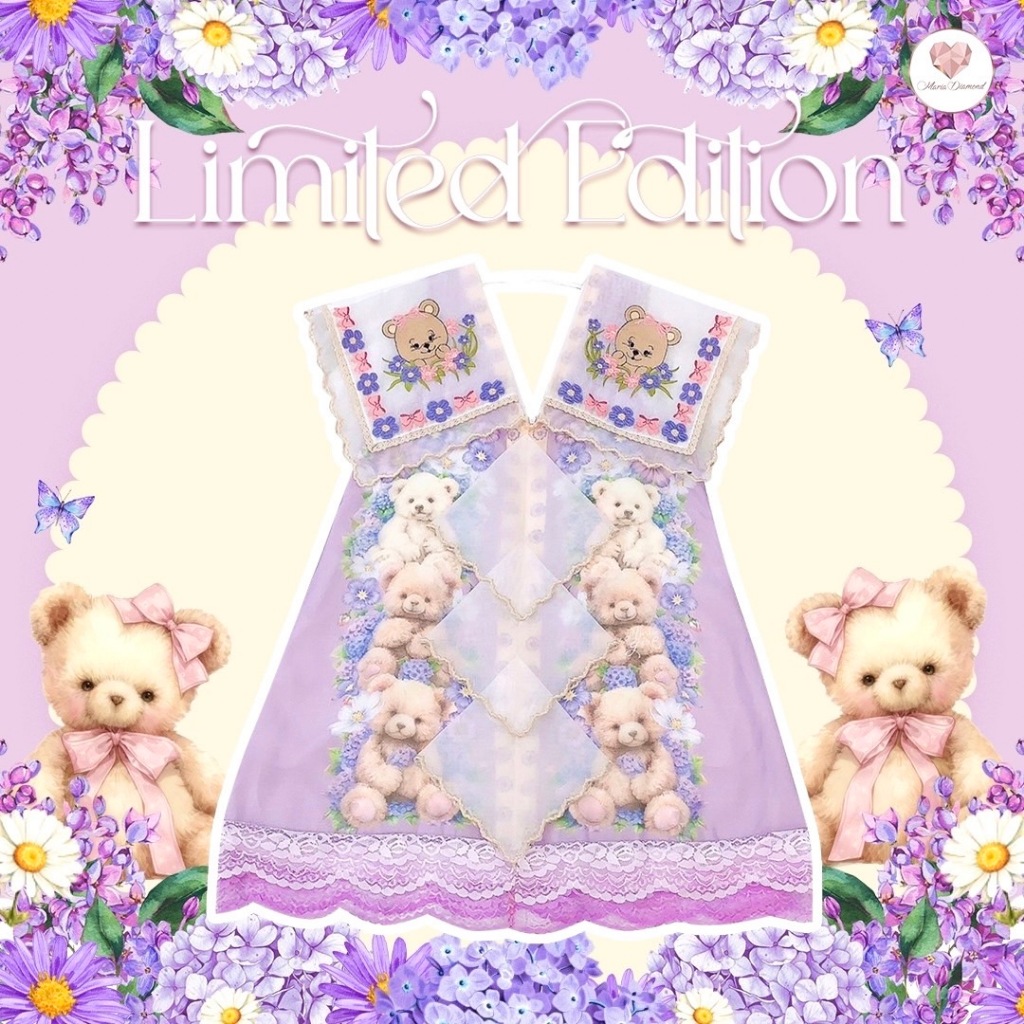 ผ้าเช็ดหน้าสีม่วงหมี (Limited มี3XL)In the Part Dress เดรสสั้นผ้าชีฟองพิมพ์ลายมีกระเป๋า ปกวินเทจงานปัก แต่งลูกไม้ มีซับ