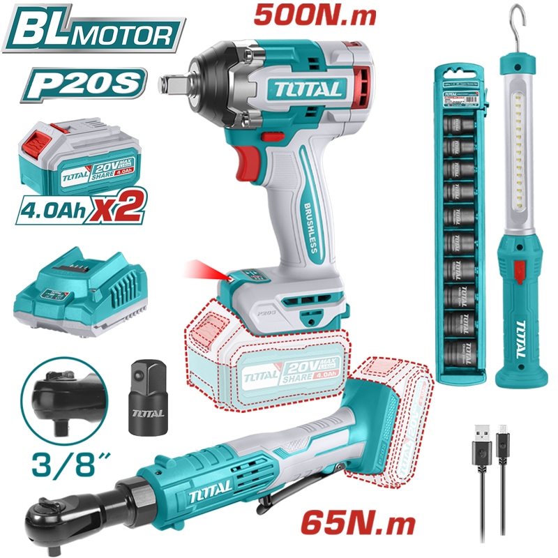 Total บล็อกกระแทก 500 Nm. + ด้ามฟรี ก๊อกแก๊ก ไร้สาย 20V (แบต 4.0Ah 2 ก้อน + แท่นชาร์จ) รุ่น TOSLI240