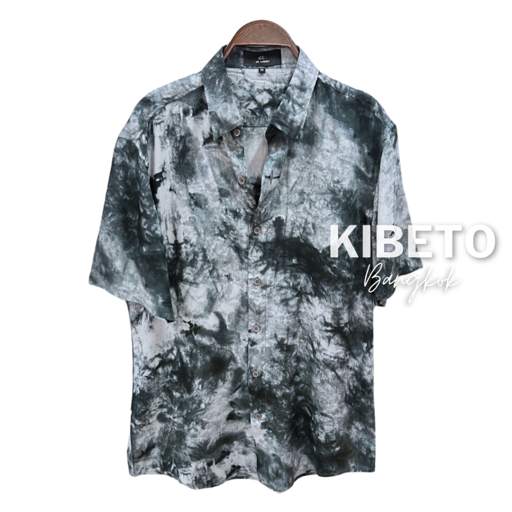 kibeto.bkk เสื้อเชิ้ตฮาวาย ลายกราฟฟิคควันดอกไม้สีเทาดำ ผ้าสปันเรยอน เนื้อนิ่ม ใส่สบายไม่ร้อน