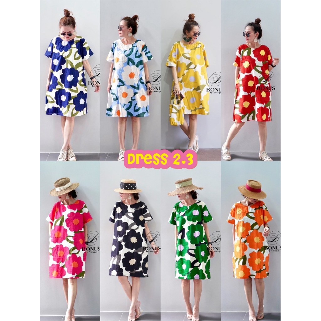 BONUS [dress] 2.3 ชุดเดรสตัวสั้นคอกลมผ้าคอตตอนญี่ปุ่น100% พิมพ์ลาย ดีไซด์ทรงสวยมาก มีซิปหลังเจาะกระเป๋าสองข้างใส่เท่ๆ
