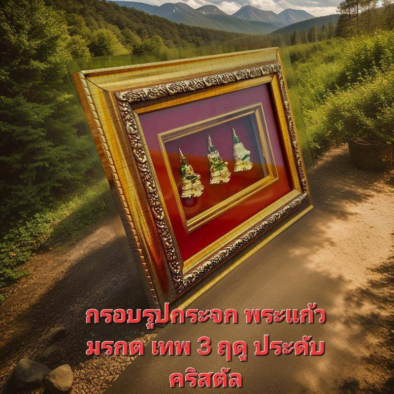 กรอบรูปกระจก เรซิ่นนูนต่ำ พระแก้วมรกต  วัตถุมงคล ติดฝาผนัง ของขวัญหลายโอกาส/เสริมฮวงจุ้ย/ตกแต่งบ้าน กว้าง 8 นิ้ว สูง 6 น