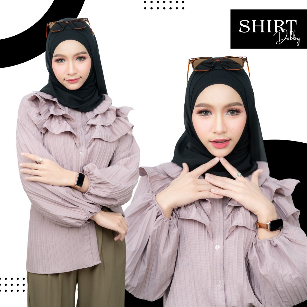 เสื้อระบายคอพวง 3 ชั้น ดีเทลน่ารัก เนื้อผ้าด็อบบี้ สวมใส่สบาย งานแขนสม็อคยางยืด DG14วาริสมุสลิม - รูปที่ 3