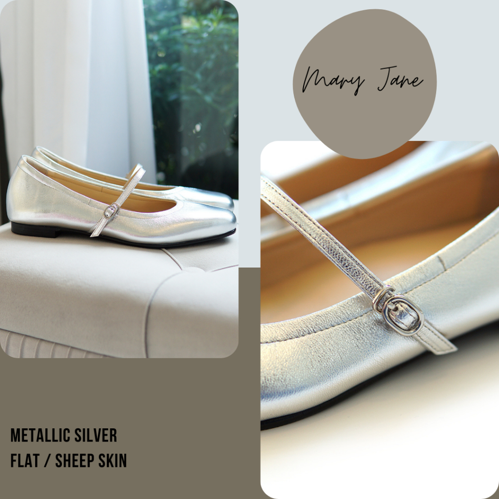 EARL GREY รองเท้าหนังแกะแท้ หนังนิ่ม พื้นนุ่ม มีซัพพอร์ต รุ่น Mary Jane (Flat) series in Metallic silver