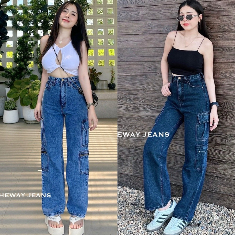 กางเกงยีนส์เอวสูง ขากระบอกคาร์โก้