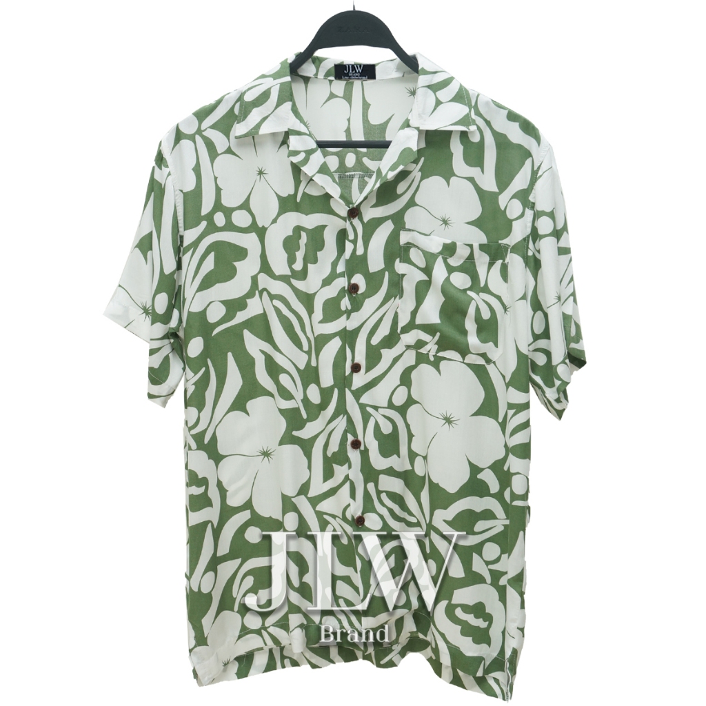 เสื้อฮาวาย ลายดอกชบาสองสี เขียว ผ้านิ่ม M L XL Oversize คอฮาวาย JLW BRAND