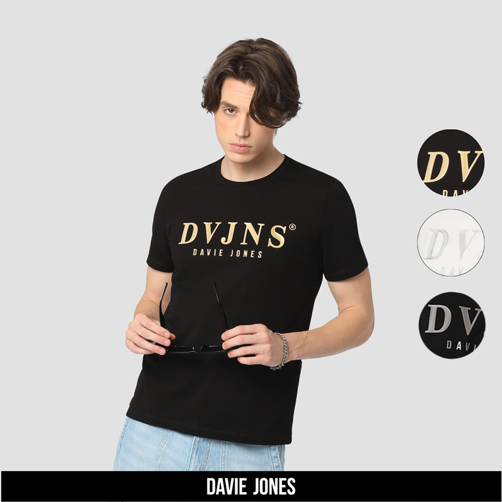 DAVIE JONES เสื้อยืด Logo Slim Fit T-Shirt LG0084 สีขาว ดำทอง ดำเงิน