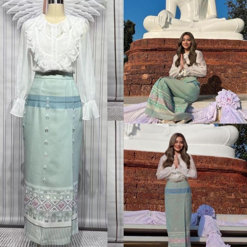 (S-4xl)ชุดทำบุญรุ่นคุณปราง เสื้อมาพร้อมผ้าถุงงานตัดสำเร็จอัดกาวใส่ทำบุญออกงาน