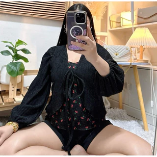 049 เสื้อสาวอวบ แต่งทูโทน ลายเชอรี่ อก 34-44