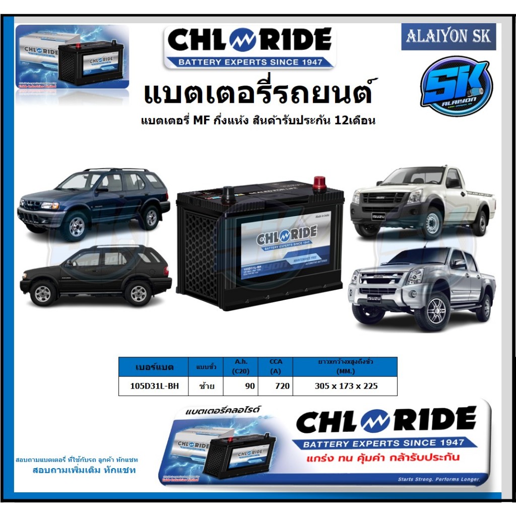 แบตเตอรี่รถยนต์ MF ขนาด 105D31L-BH ยี่ห้อ Chloride สินค้ารับประกัน12เดือน ไม่ต้องดูแลน้ำกลั่นตลอดอาย