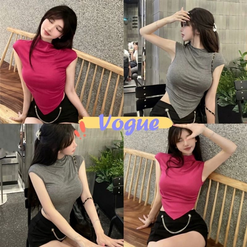 Vogue พร้อมส่ง เสื้อครอปแขนสั้น คอเต่า ทรงรัดตัวสีพื้น ใส่ง่าย (FY2113)