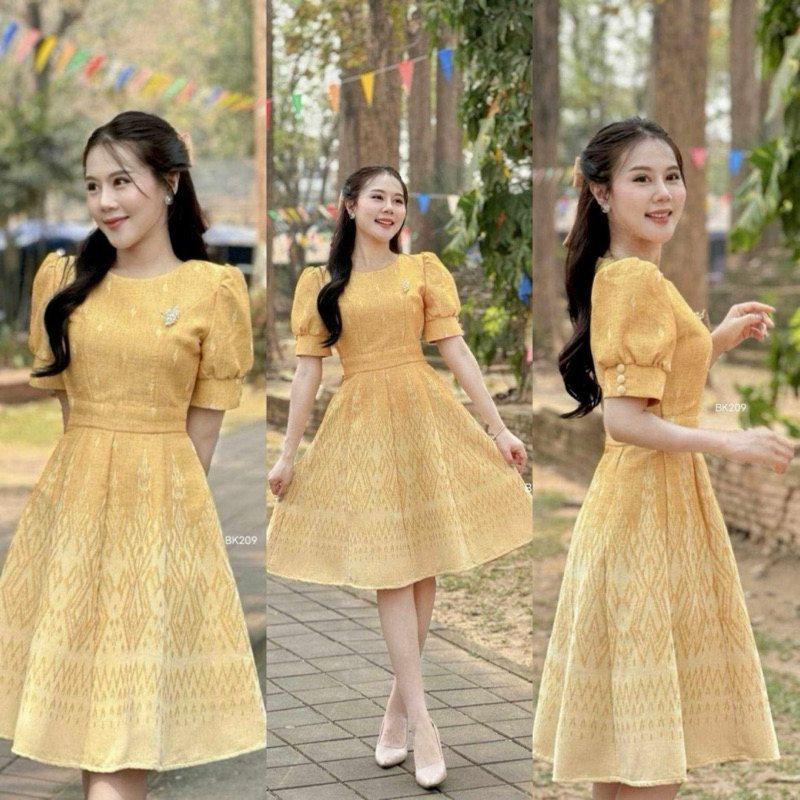 [ทักเช็คไซส์ก่อนสั่ง] ชุดเดรสผ้าไทย ผ้าทอสีเหลือง แถมโบว์ติดผม