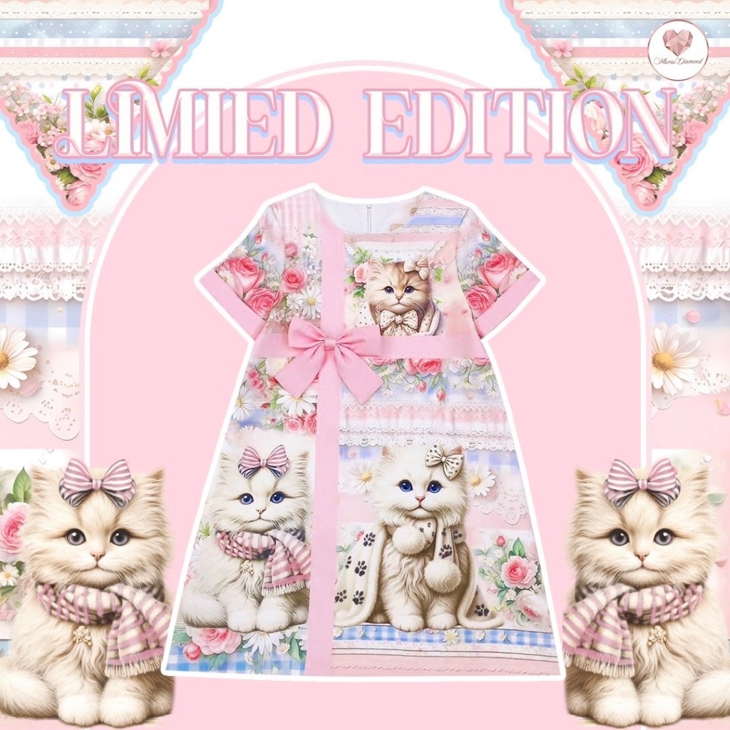 (Limited มี 3XL) Fam Fam Cat Dress เดรสสั้นทรงปล่อยพิมพ์ลายน้องแมว ดีเทลเส่นแถบคาดมีโบว์สีชมพู แขนสั้น คอกลม ใส่ซิปหลัง