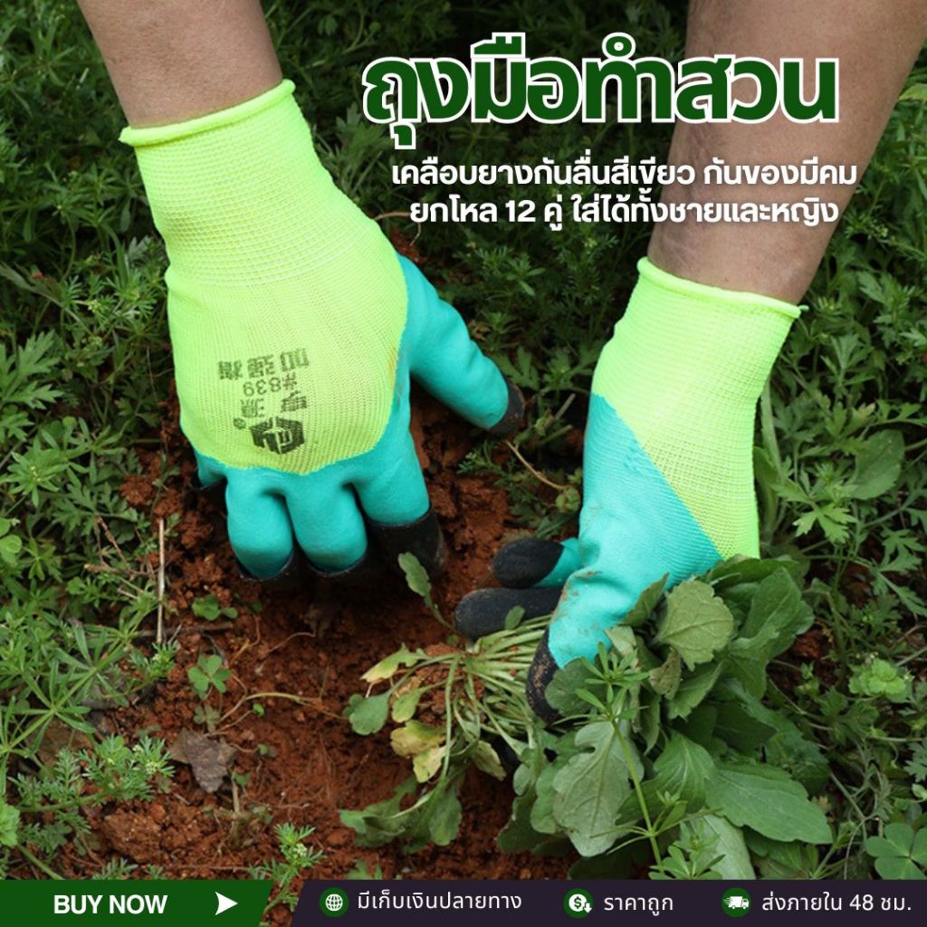 [ยกโหล12คู่] ถุงมือผ้า เคลือบยางกันลื่นสีเขียว สำหรับทำสวน ขุดดิน ปอกทุเรียน สินค้าพร้อมส่งจากไทย!!