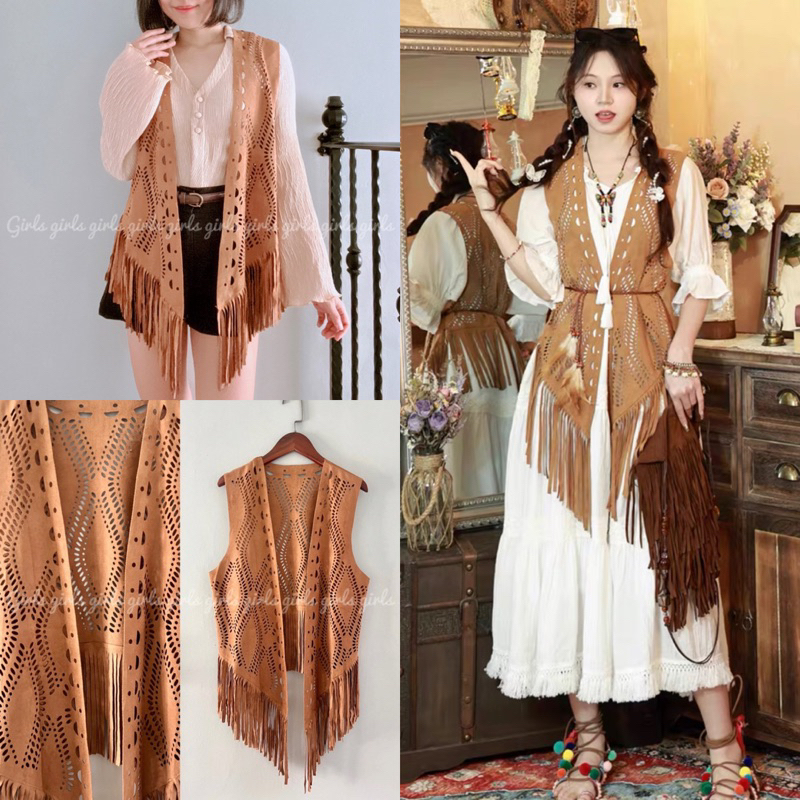 ⛺️Bohemian vest⛺️เสื้อกั๊กคลุม​โบฮีเมียน​ ชายพู่หน้ายาว  ฉลุลายทั้งตัว Clothing Girl ผู้หญิง