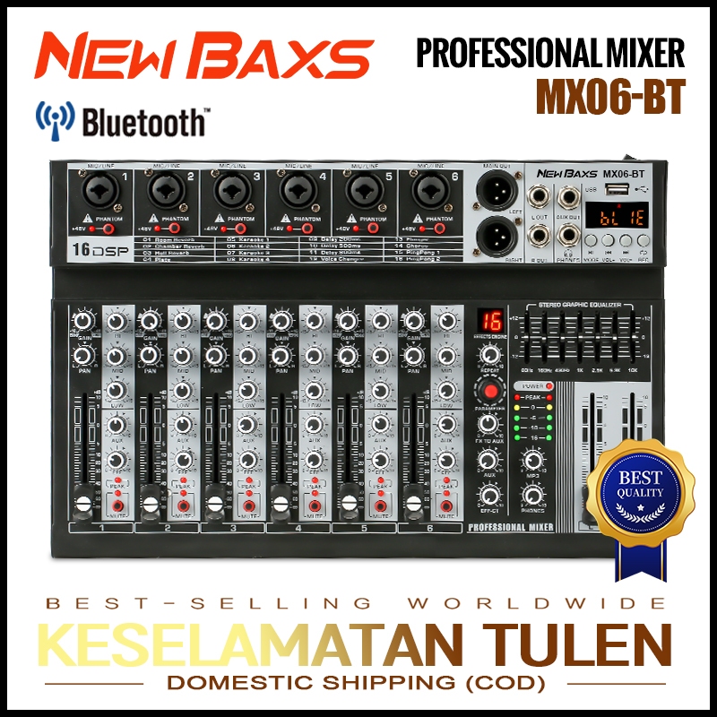 NEW BAXS เครื่องผสมเสียงมืออาชีพ 6 ช่องผสม MX06BT EQ เอาท์พุท 16DSP USB บลูทู ธ / MP3 สัญญาณผสม ได้หลายเครื่อง
