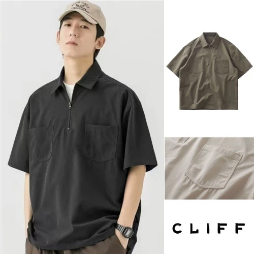 CLIFF เสื้อโปโลผู้ชาย สีล้วน แขนสั้นคอปก กระเป๋า แมทช์ลุคง่าย แบบหลวม ชุดคู่รัก ลำลอง