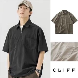 CLIFF เสื้อโปโลผู้ชาย สีล้วน แขนสั้นคอปก กระเป๋า แมทช์ลุคง่าย แบบหลวม ชุดคู่รัก ลำลอง