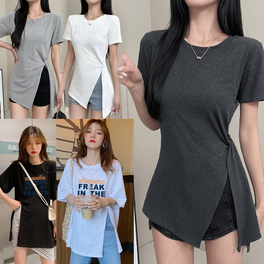 MIMI&DIDI#เสื้อยืดแขนสั้นผู้หญิง คอกลม ดีไซน์ผ่าด้านข้าง#2663