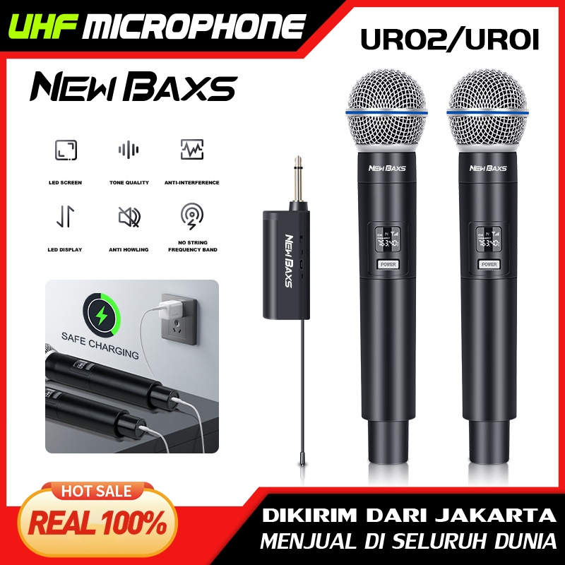 NEW BAXS ไมโครโฟนไร้สายแบบชาร์จไฟได้ UR01/UR02 ชุด UHF ดัดเสียงรบกวน18650 แบตเตอ