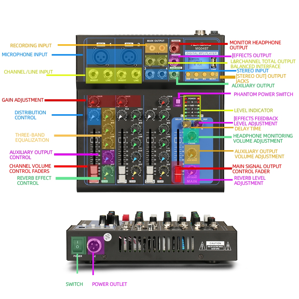 NEW BAXS AUDIO MIXER มิกเซอร์มืออาชีพ 4 ช่อง MG04BT มิกเซอร์ สัญญาณ USB Amplifiers เครื่องขยายเสียง KTV เครื่องขย