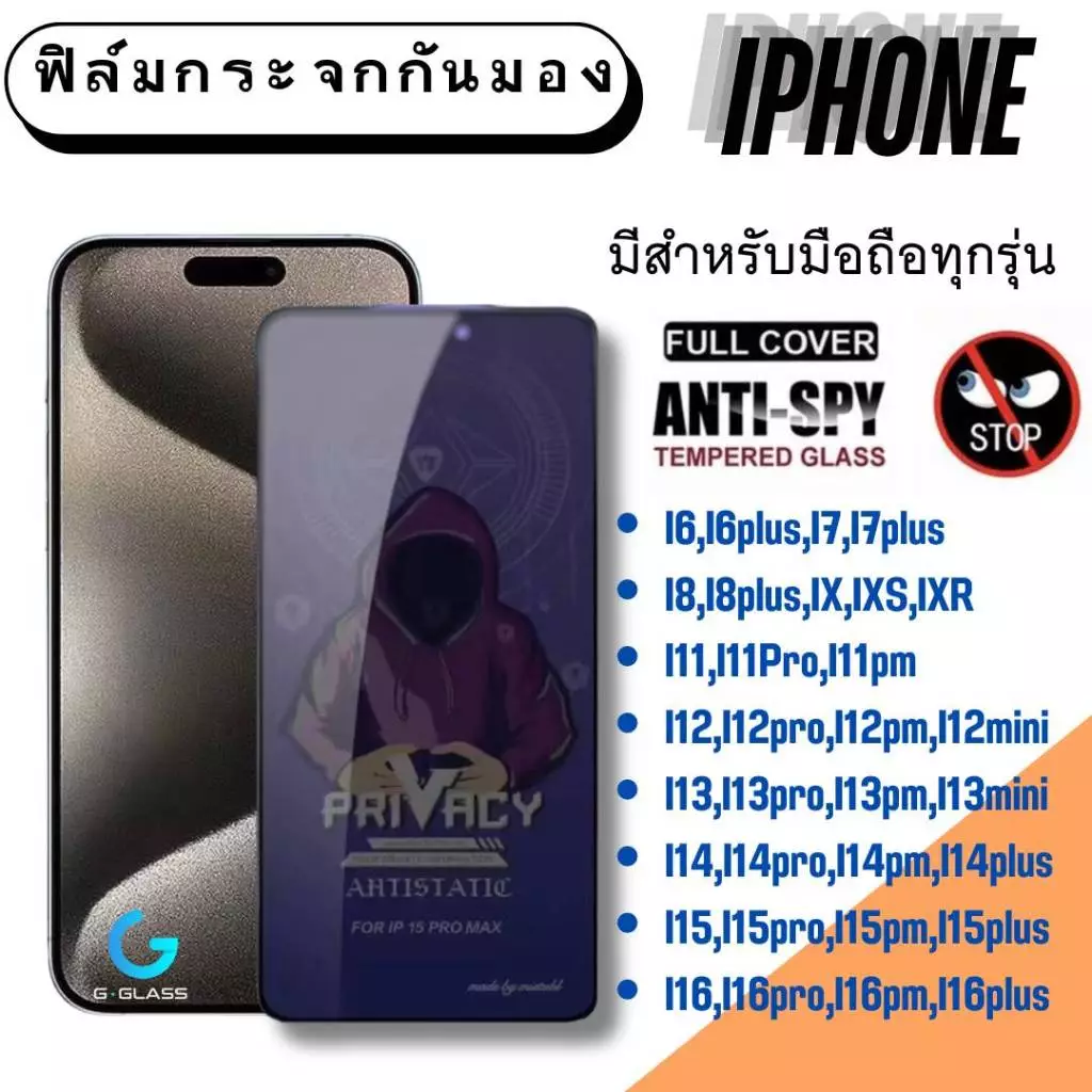 ฟิล์มกระจกกันมอง Iphone ฟิล์มกระจกนิรภัย ไอโฟน ix,ixr,i11,i12,i13,i14,i15,i16,promax,ฟิล์มกันเสือก