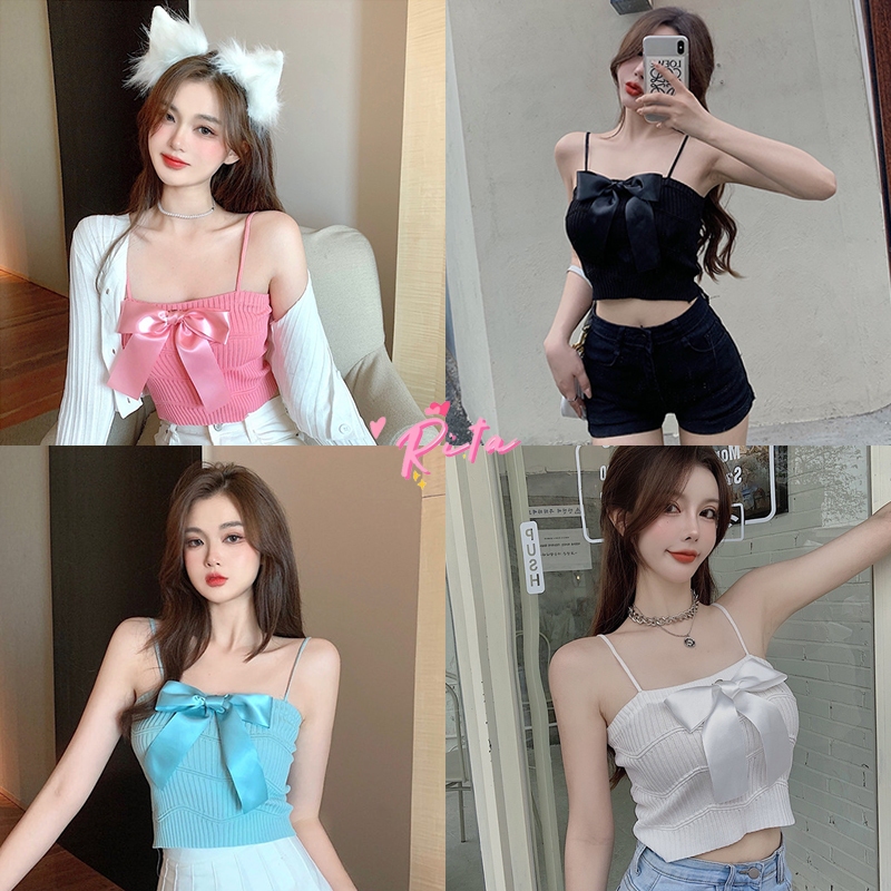 Rita พร้อมส่ง เสื้อสายเดี่ยวไหมพรม เอวลอยครึ่งตัว​ แต่งจีบโบว์ สีพื้น เสื้อถักกุทัณฑ์ เซ็กซี่สวย แฟชั่น สำหรับผู้หญิง