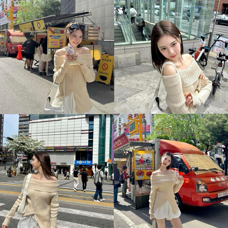 C002 Pimpimon ♡ เสื้อแขนยาวไหมพรม เกาะอกปาดไหล่ กระดุมใช้งานได้จริง สีดำพร้อมส่ง