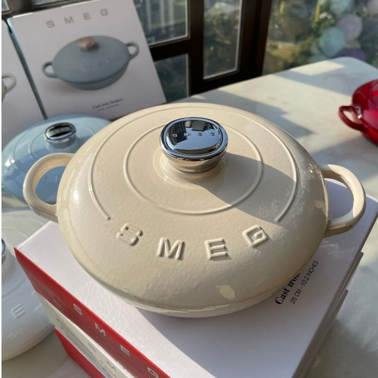 SMEG 26cm enamel cast iron pot for soup and stew, black enamel pot inside หม้อซุปเหล็กหล่อเคลือบ26ซม